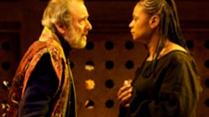 Stephen Novelli as Darius, Melanye Finister as Atossa: Disowning defeat. (Photo: Mark Garvin.)