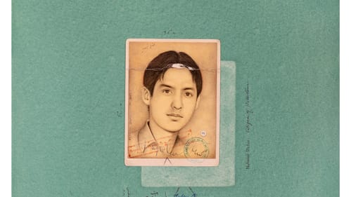 Set on green paper, a small hyper-realistic sepia-toned watercolor portrait of a young Pakistani man, with markings around it