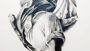 Rendered in charcoal, a single flailing human figure falls horizontally through white space, knees facing the viewer.