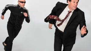 Chase scene with Jonathan Krebs and Jamey Hampton: And the point is... (Photo: Michael Shay.)