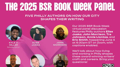 Flyer for event: it's bright pink with white text of the event details and thumbnail headshots of the authors.