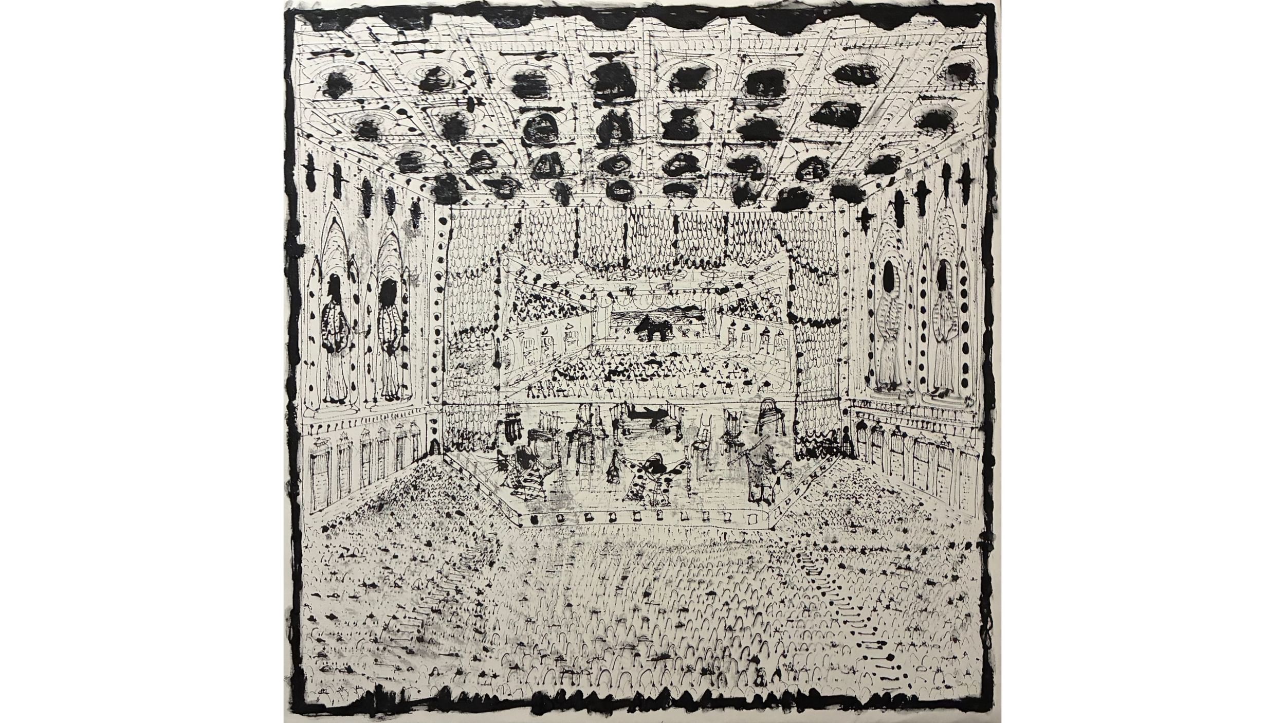 Impressionistic black ink drawing evokes a huge, surreal, deeply dimensional opera house that might have a horse onstage.