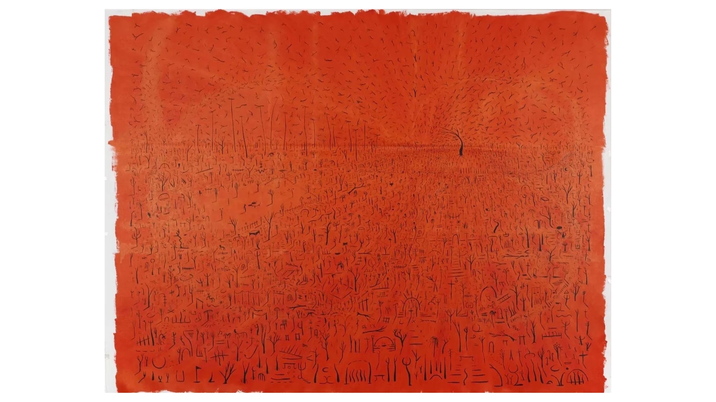 On an orange-red field, an army of tiny scratchy pictogram-like figures in black ink converge toward a horizon.