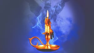 A candle burns, wax dripping down the candle taper. Behind it, an angel appears through blue and white smoke.