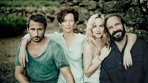 A Bigger Splash, with Schoenaerts, Swinton, Johnson, and Fiennes. (Photo courtesy of Fox Searchlight films)