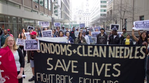 ACT UP Philadelphia protestors take their message to the streets in a recent needle exchange action. (Photo by Kaytee Ray-Riek.)