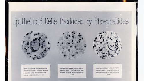 A vintage black & white view of Petrie dishes full of cells, labeled “epithelioid cells produced by phosphatides”