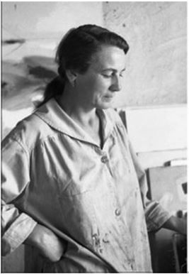 Agnes Martin, circa 1953, before she adopted her signature style. (Photo via newmexicowomeninthearts.org.)