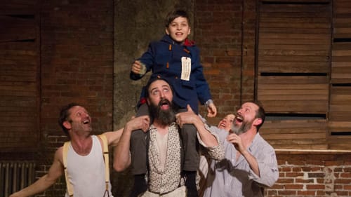 Living the dream. L to R: David Girard's Dan Grady, Ed Swidey's Amos Mason, Charlie DelMarcelle's Joshua Hickman. Rear: Melanie Julian as Lydie Breeze. On shoulders: Jonas Parker. (Photo by Dave Sarrafian.)