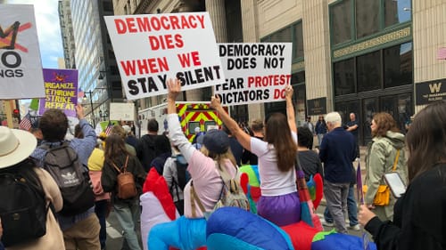 In a large protest crowd, two people in inflatable chicken suits hold large homemade signs with pro-democracy slogans.