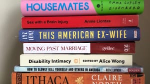 Vertical stack of 10 books, including Long Bright River, Housemates, Come & Get It, Disability Intimacy, and more