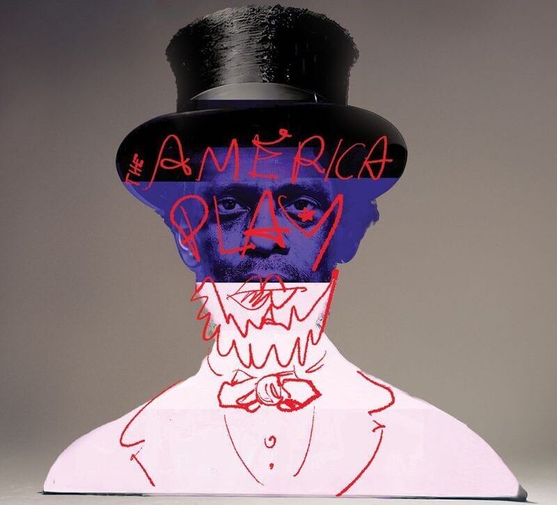 Stylized image of Abraham Lincoln. Bottom is a white and red outline, mid is a face not Lincoln’s, title written superimposed