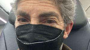 A selfie of Anndee, a white woman with short gray hair, wearing a black facemask in an airline cabin.