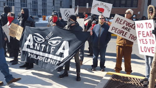 Members of Antifa Philadelphia protest at a Pennsylvania white nationalist rally. (Photo via @PhillyAntifa/Twitter)