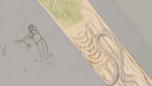 An illustration over gray with a stenciling of a woman looking over her shoulder; beige sketch splits the middle of the image