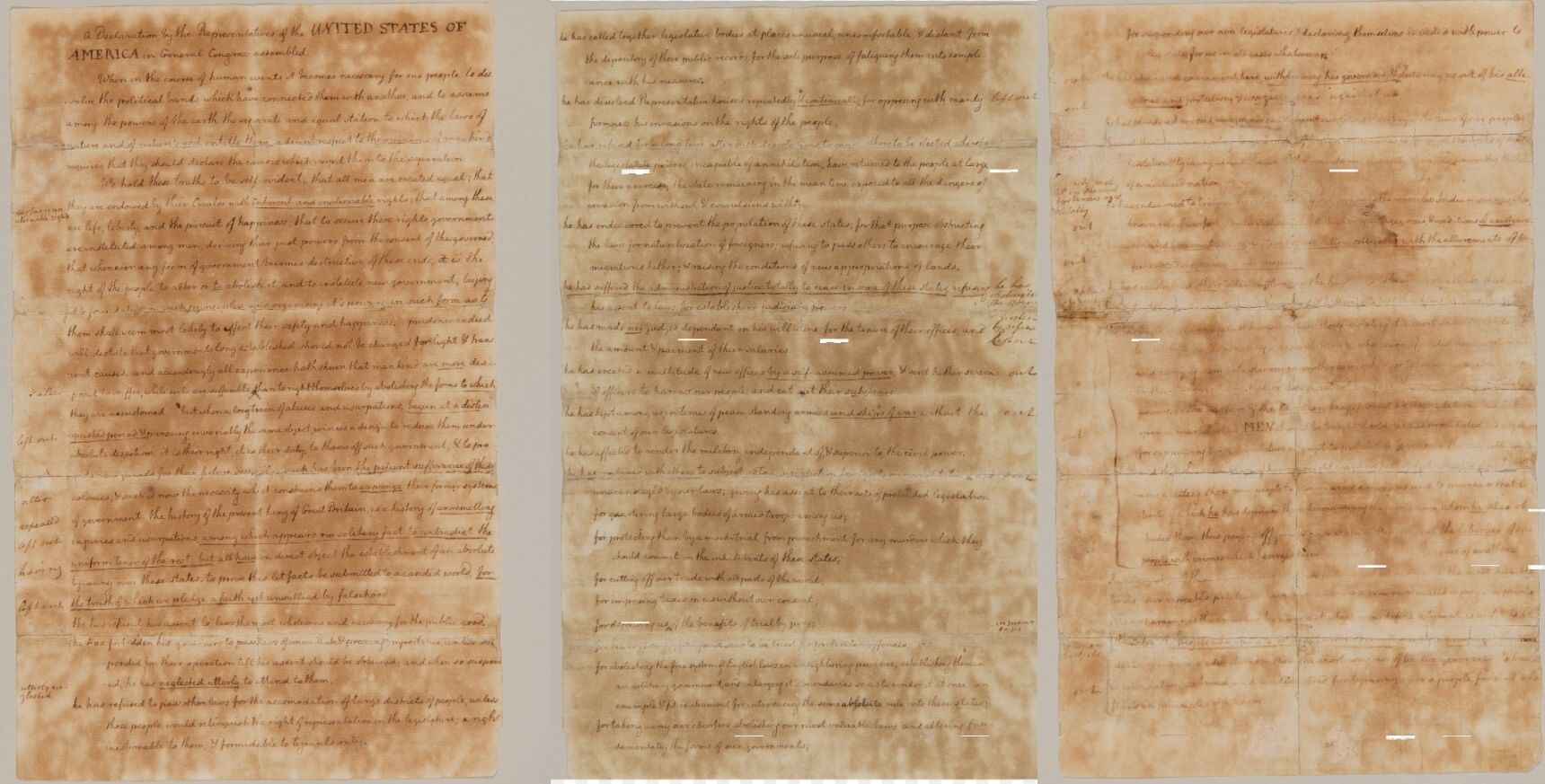 Three large, delicate pages of an original draft of the Declaration, brown with age, full of close handwriting & margin notes