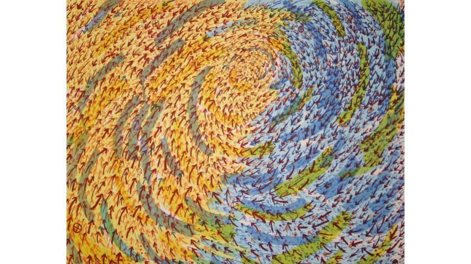 Print with whirling green, blue & yellow design full of tiny red arrows moving in rough concentric shapes toward top center.