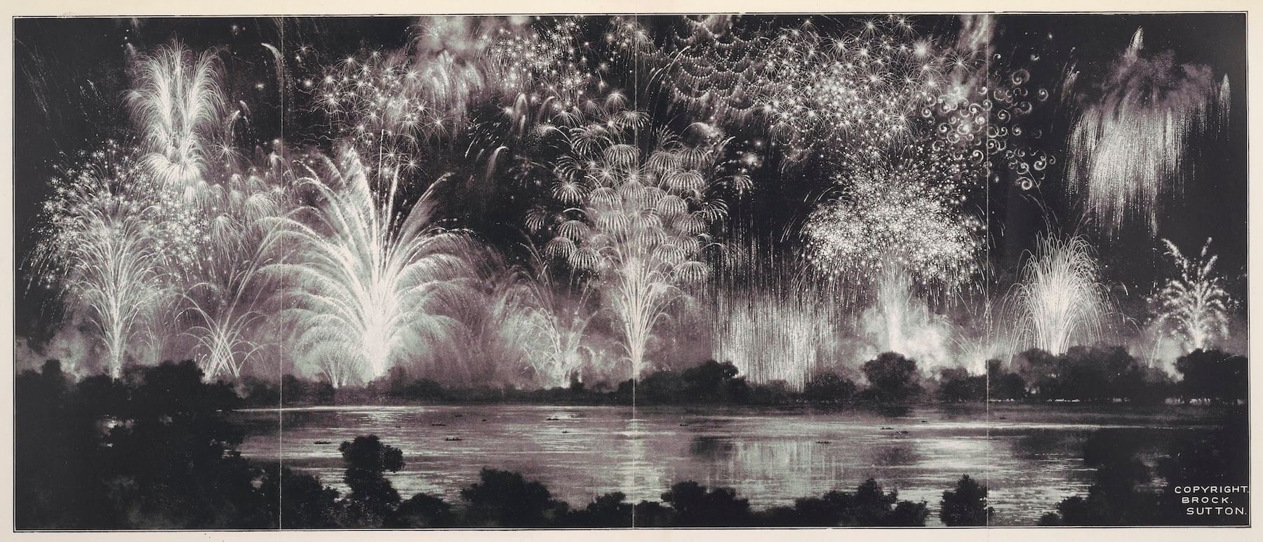 Vintage black & white print shows a night sky full of different artistically rendered fireworks exploding over a river.