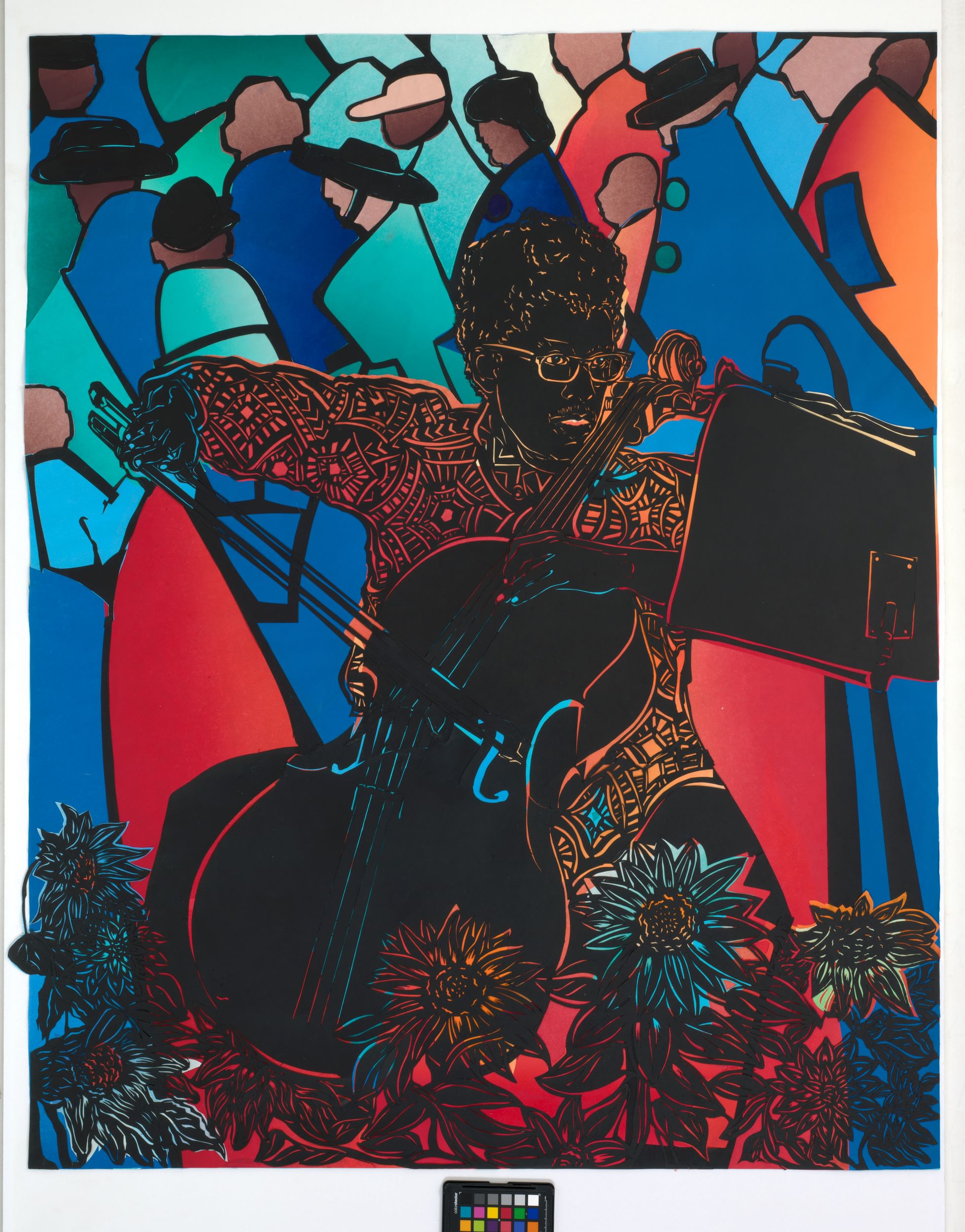 The cellist’s shirt has complex geometric designs in orange; the passersby appear in blue, teal & orange block shapes behind.