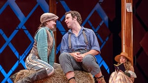 In disguise, Marnie Schulenburg's Rosalind woos Zack Robidas's Orlando, as Stella Baker's Celia looks on. (Photo by Lee A. Butz.)