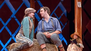 In disguise, Marnie Schulenburg's Rosalind woos Zack Robidas's Orlando, as Stella Baker's Celia looks on. (Photo by Lee A. Butz.)