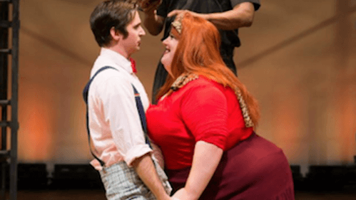 Quintessence took its all-male classics all the way with an all-male production of 'As You Like It.' Sean Close (as Touchstone), Carlo Campbell (as Sir Oliver), and Ryan Walter (as Audrey). (Photo by Shawn May.)