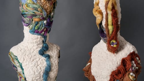 "The Watchers: HER-rymonious and Bacca," 2016, by Carol Wisker. Mannequin, cotton, wool, silk cocoons, found objects. Left: 51 x 25 x 18 inches. Right: 60 x 25 x 18 inches. (Photo courtesy of the artist.)