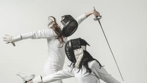 Two fencers in all white with fencing masks and fencer swords caught in mid-attack, with one hanging in mid-air.