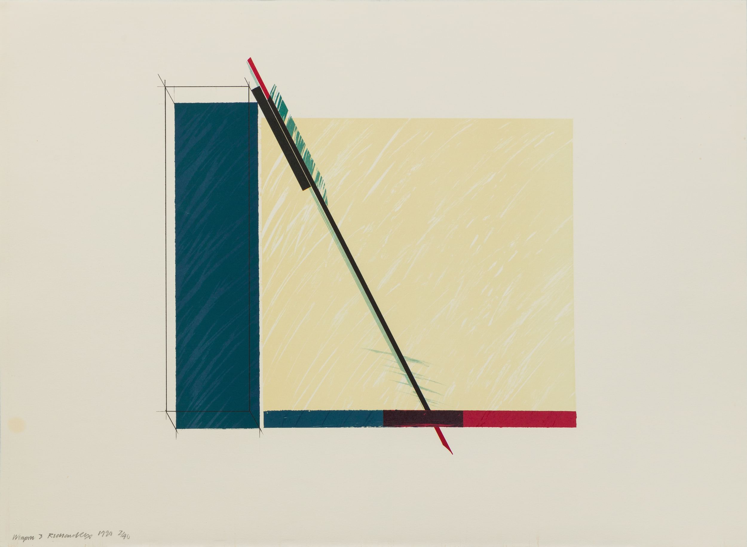 A print showing a textured rectangle made of tan and blue blocks, a stylized, fletched arrow leaning diagonally through it.