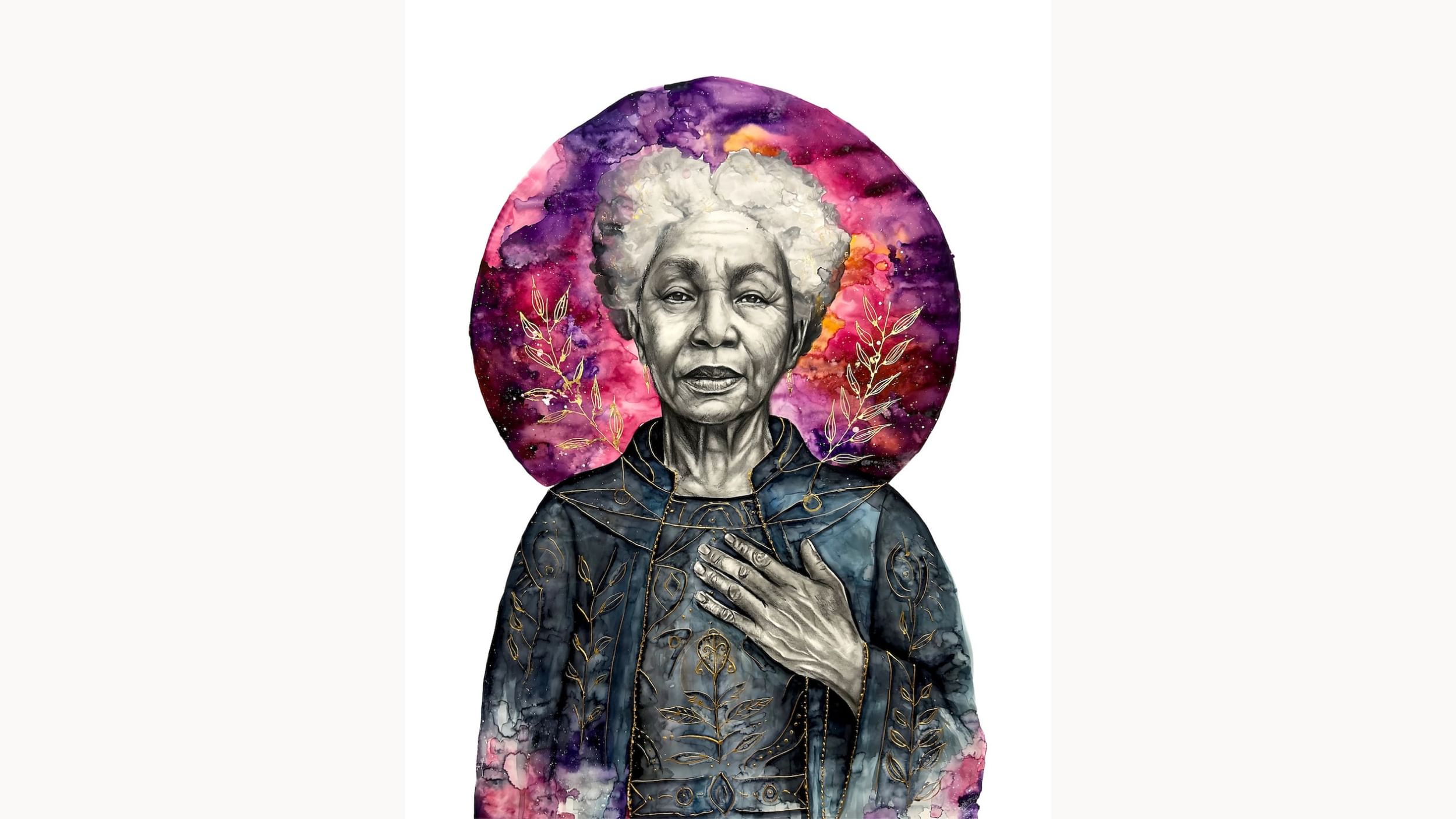 Multimedia artwork of an elderly Black woman in an ornate futuristic robe, with a halo of bright watercolors around her head.