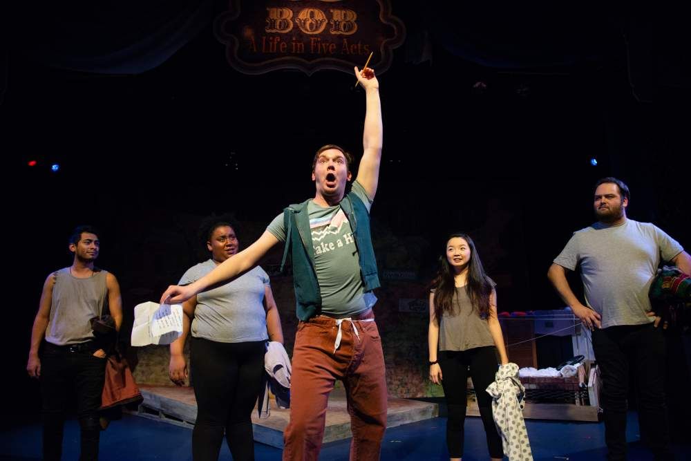 Enough of Bob? Frank Jimenez, Sabriaya Shipley, Paul Harrold, Claris Park, and Dan D’Albis in Azuka’s ‘BOB: A Life in Five Acts.’ (Photo by Johanna Austin/AustinArt.org.)