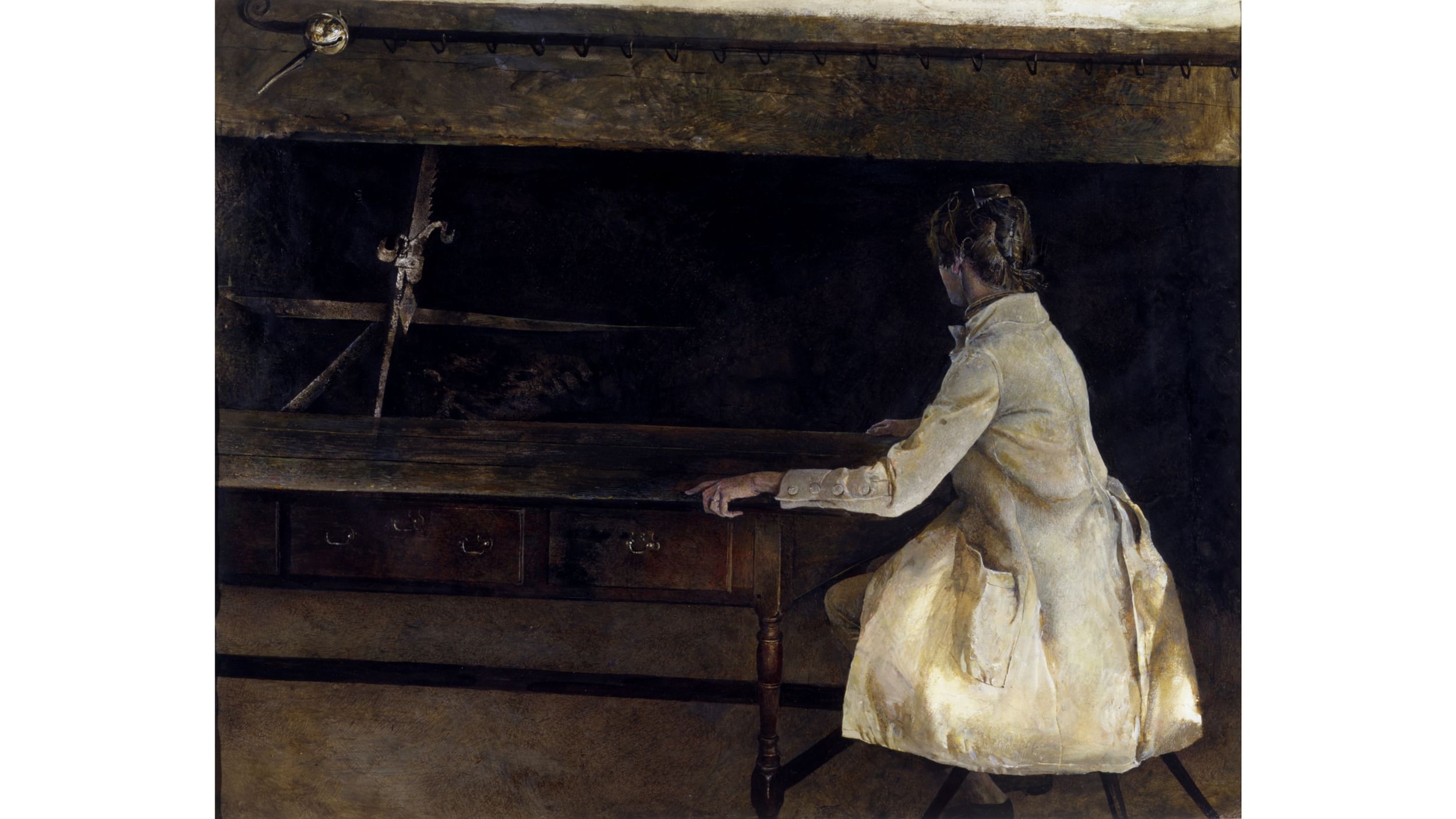 Evocative earthtone painting of a woman sitting at the end of a wooden table, wearing a long white coat, her face turned away