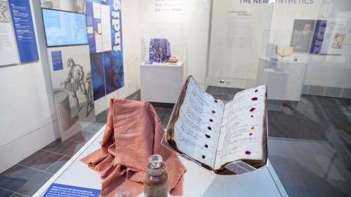 Museum display of a crumbling 19th-century book with dots of color on its pages, and a faded red cloth.