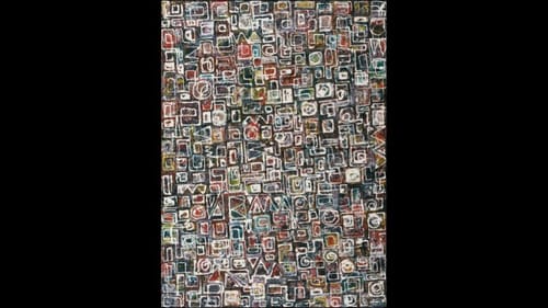 Energetic abstract work of white lines & geometric shapes over a background of warm red, brown, purple, orange & blue tones