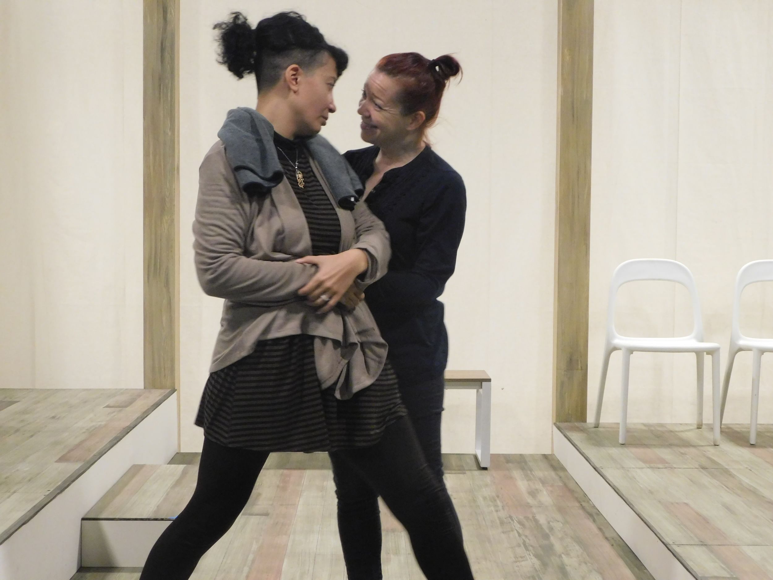 They’re certified, but their baby isn’t: Anita Holland and Amanda Schoonover in Theatre Exile’s ‘Babel.’ (Photo courtesy of Theatre Exile.)