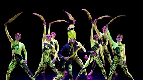 8 dancers in costumes described in text pose with legs apart, waving huge yellow feathers. One in front wears a blue jacket.