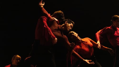 Dramatically-lit close-up on four dancers in red collared shirts leaning toward and around each other.