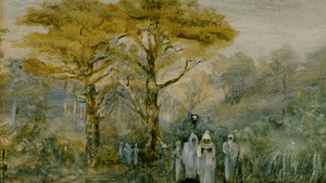 Frederick believes Bodichon's eerie watercolor 'A Hooded Procession' (undated) depicts a Druidic ceremony. (Photo courtesy of the Mark Samuels Lasner Collection, University of Delaware Library.)