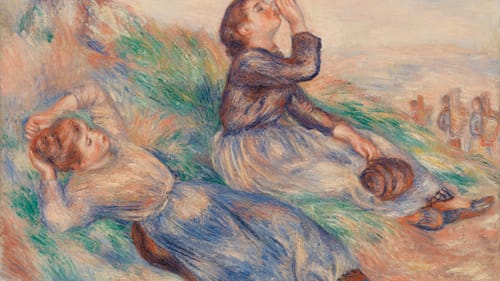 In Renoir’s myriad colorful, soft Impressionist brushstrokes, one woman reclines on the grass and one drinks from a cup.