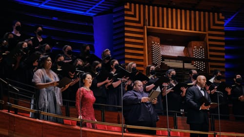 Close-up on singers balcony in Verizon Hall, with Angel Blue, Mihoko Fujimura, Limmie Pulliam, & Ryan Speedo Green in front.