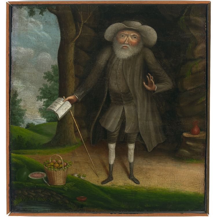 18th-century painting of Lay, a Little Person with thin legs, wearing gray, holding a book outside of a cave near green grass