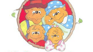 Berenstain Bears logo with the cartoon family of five light-brown bears in human clothes crowded happily together.