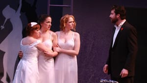 Heavy drama with musical interludes: Meghan Winch, Hallie Martenson, and Sophia Barrett with Kyle Fennie in “Big Love.” (photo by Paola Nogueras)