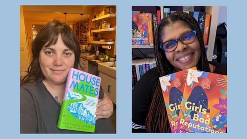In a light blue frame, a photo of Emma, a white woman, and Xio, a Black woman, smiling and holding up their books.