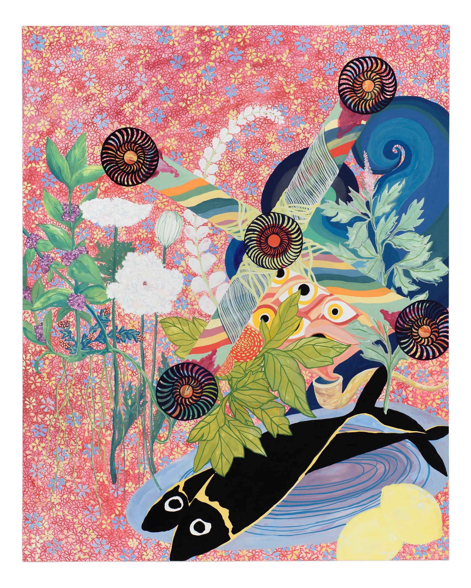 Colorful still-life with intense floral background, black fish on a plate, nautilus-like swirls, lemons & green leaves.