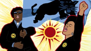 Illustration, two Black people over yellow/white backdrop. One holds up her fist, the other holds a flag with a black panther