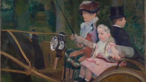 The painting described in the text. The subjects all have neutral expressions. The girl wears a frilly pink knee-length dress