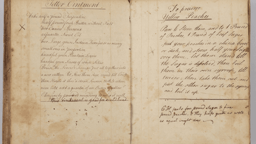 18th century handwritten notebook showing recipes for a medicinal ointment and canned pieces in brown ink script