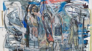 A watercolor collage with blues mostly dominant, with blacks, reds, and other colors. Human figures are in the mix of colors