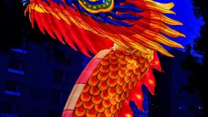 A large Chinese dragon installation with bright lights against a night sky.